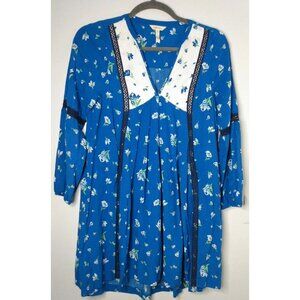 Matilda Jane Women M Blue Floral Long Sleeve Dress 100% Rayon V Neck Knee Length